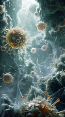 A computer generated image of a virus with many other viruses in the background