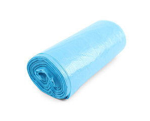 Roll of light blue garbage bags isolated on white