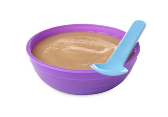 Tasty baby food in bowl and spoon isolated on white