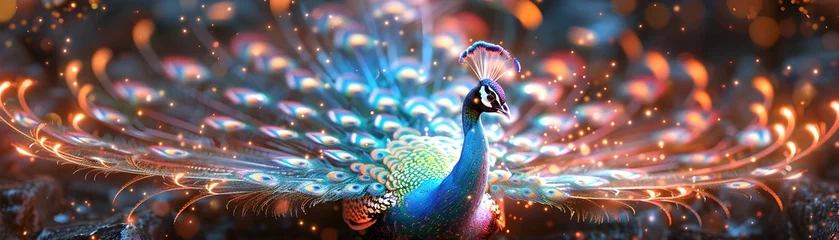  A colorful peacock with its head held high and its tail spread out © Bussakon