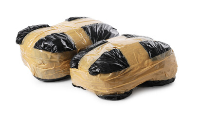 Packages with narcotics isolated on white. Drug addiction