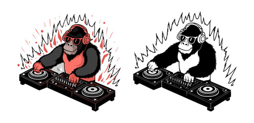 Gorilla DJ party vector illustration set. Generative AI.