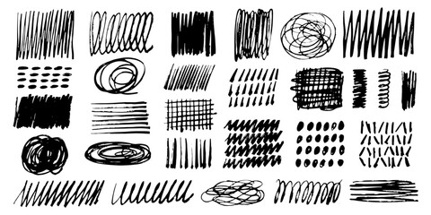Texture Charcoal crosshatch freehand squiggles, ink hatches grunge shape vector set