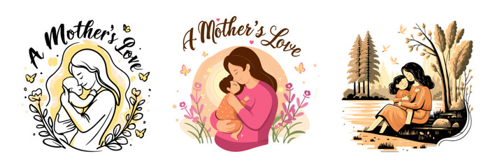 Emotional mother-child vector illustration with text "Forever grateful".Generative AI