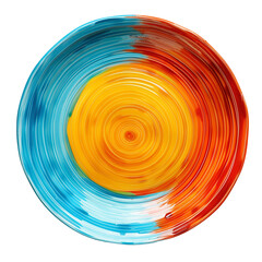 ceramic/ porcelain colorful plata clipart on transparent background, blue, red and orange/ yellow handmade pottery, seen from above