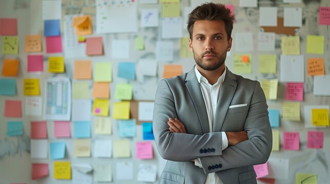 Businessman arm crossed in front of wall with sticky notes