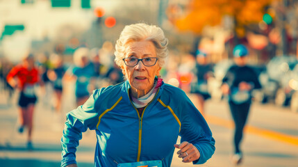 An older adult woman takes on the challenge of a marathon, embodies strength, resilience, and sheer determination, inspiring all who witness her journey - obrazy, fototapety, plakaty