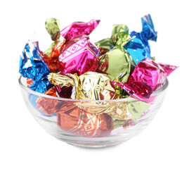 Bowl with candies in colorful wrappers isolated on white