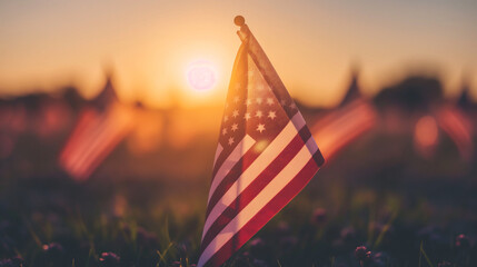 A single flag in focus with a blurred sea of flags behind it, symbolizing individual sacrifice for collective freedom, Memorial Day, Flat lay, top view, with copy space - obrazy, fototapety, plakaty