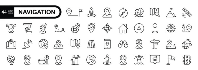 Navigation, location, GPS elements - thin line web icon set. Editable stroke icons collection. Simple vector illustration.