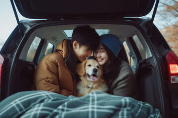 Couple Sitting in the Back Seat with Golden Retriever Dog in Car on Road Trip Journey
