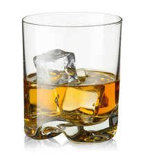 Whiskey and ice cubes in glass isolated on white