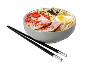 Delicious ramen in bowl and chopsticks isolated on white. Noodle soup