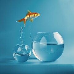 Goldfish jumping in a bigger bowl - aspiration and achievement concept.