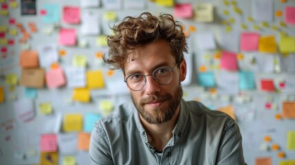 Man in front of wall with sticky notes - obrazy, fototapety, plakaty