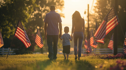 A family walking together through the flags, teaching the younger generation the importance of remembrance, Memorial Day, with copy space