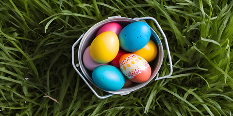 Fototapeta na wymiar Colorful easter eggs and basket on green grass with sunlight, Colorful easter eggs hunt holiday decorations easter concept, Happy colorful easter sunday hunt holiday decorations easter Generative ai