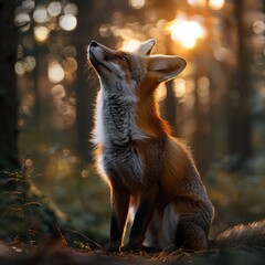 Portrait of red fox standing on grassy forrest sunset