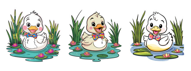 Fototapeta premium Duckling Pond cartoon vector illustration set. Generative AI