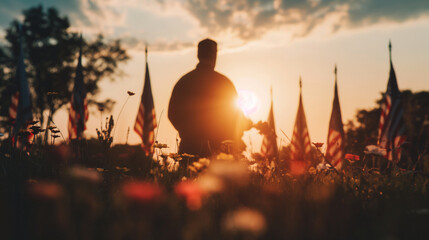 A lone musician playing taps in the distance with flags in the foreground, a haunting reminder of sacrifice, Memorial Day, with copy space - obrazy, fototapety, plakaty