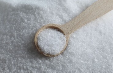 Wooden spoon on white sea salt, closeup