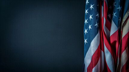 A close-up of several flags entwined, representing unity and collective remembrance, Memorial Day, with copy space