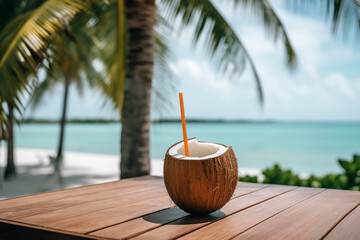 A blue cocktail rests beside a cracked coconut on a wooden surface, framed by palm trees and the...