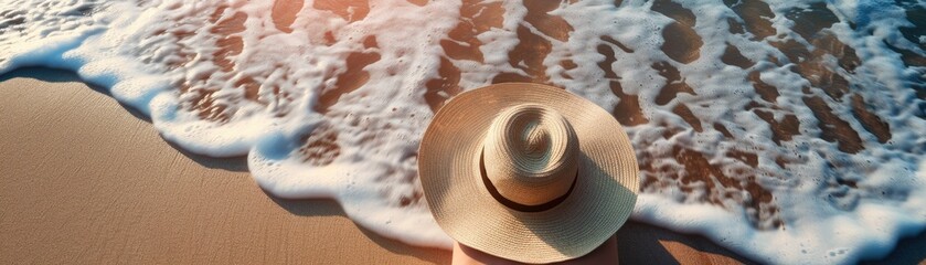 Fototapeta na wymiar Summer vibe woman in hat by ocean at sunset time