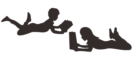 Vector silhouette of two child reading on white background. Symbol of friends and funny activities