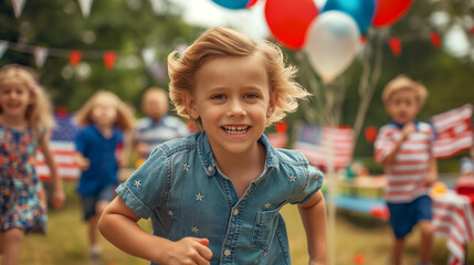 Fototapeta na wymiar Children running around a picnic area decorated with small American flags and red, white, and blue balloons, Memorial Day, with copy space