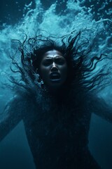 Terrified young girl screaming silently underwater, with dark soft hair flowing around her. The photo has very dark and light blue tones, and has a horror theme to it.