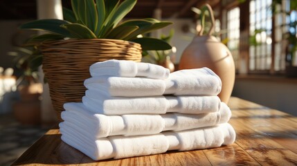 White, clean, neatly folded towels lie on a wooden table against the background of pots with plants. The theme of staying at the hotel is relaxation and comfort. - obrazy, fototapety, plakaty