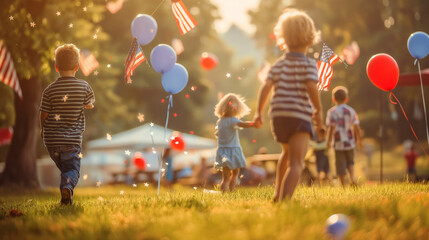 Children running around a picnic area decorated with small American flags and red, white, and blue balloons, Memorial Day, with copy space - obrazy, fototapety, plakaty