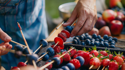 A close-up of hands making red, white, and blue fruit skewers for a Memorial Day picnic, Memorial...