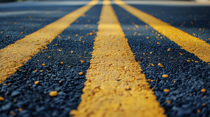 Close-up of road lines with scattered pebbles.