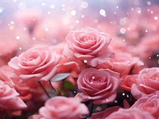 Pink Roses in Soft Focus With Glistening Bokeh. A close-up dewdrops and a sparkling bokeh effect in the background, conveying a sense of freshness and serenity.