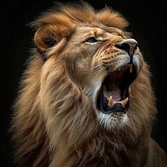 Lion roaring portrait on black