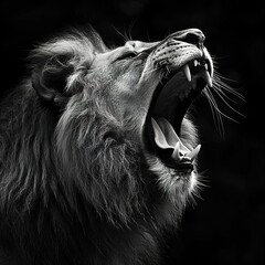 Lion roaring portrait on black