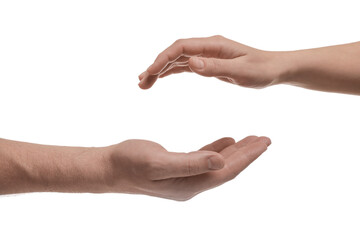 Man and woman reaching to each other on white background, closeup of hands