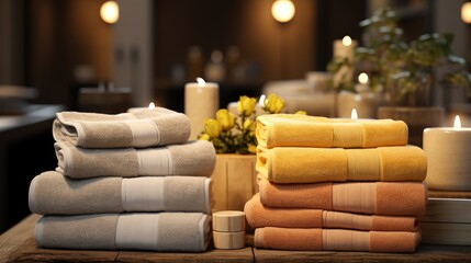 A neat stack of fluffy towels on a wooden table against a background of plants. The theme of comfort and cleanliness at home and in the hotel.