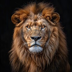 Lion portrait looking in camera, king, angry roaring wild animal photography .