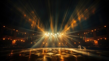 Crowd of spectators at a concert. Bright beams of spotlights illuminate the stage. Dynamic and...
