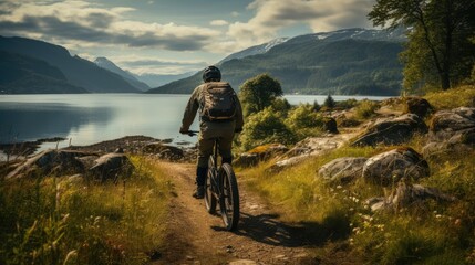 A man rides a bicycle through a beautiful mountainous area.