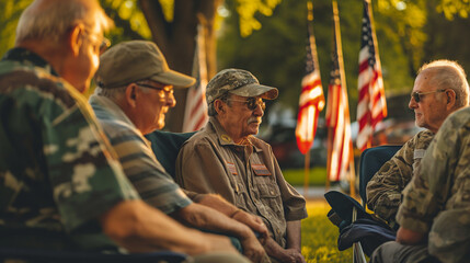 A group of veterans sharing stories and memories in a park, with American flags in the background, Memorial Day, with copy space - obrazy, fototapety, plakaty