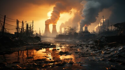 Plumes of smoke and smog rise into the air from a large industrial enterprise. Theme of environmental pollution.