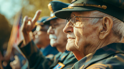 Elderly veterans in uniform saluting a Memorial Day parade, a moment of pride and nostalgia, Memorial Day, with copy space - obrazy, fototapety, plakaty