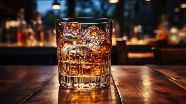 A crystal glass of whiskey with ice stands on a wooden table in a cafe. Leisure theme.