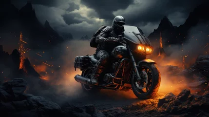Foto auf Leinwand A strong male motorcyclist in a leather suit and mask rides a dirt motorcycle along a deserted dark burning street. Dynamic and active extreme scene. © Boomanoid