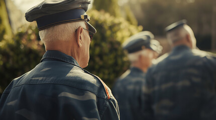 Veterans visiting a military museum or memorial, paying their respects to fallen comrades, Memorial Day, with copy space - obrazy, fototapety, plakaty