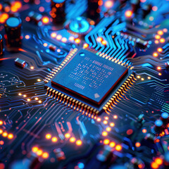 Advanced Technology Concept Visualization: Circuit Board CPU Processor Microchip Starting Artificial Intelligence Digitalization of Neural Networking and Cloud Computing.